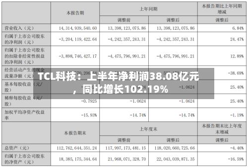 TCL科技：上半年净利润38.08亿元，同比增长102.19%