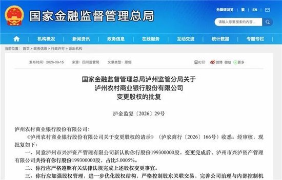 泸州农商银行获批增资至39.8亿元，泸州老窖集团、兴泸资产认购	，持股均超5%
