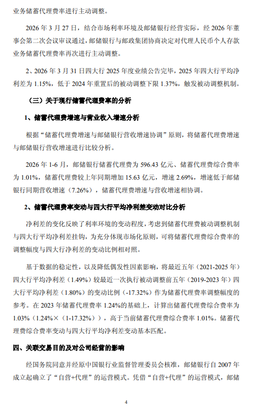 邮储银行:触发储蓄代理费率被动调整机制 拟维持现行费率