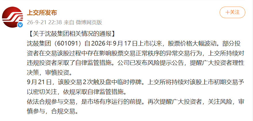 沈鼓集团股价大幅波动	，上交所最新通报