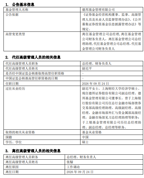 德邦基金总经理张騄离任 董事长尉迟平“一肩挑三职”